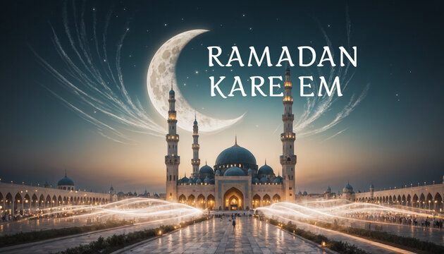 Ramadan celebration poster with text Ramadan Kareem. Grand mosque with multiple domes and minarets, with full moon and crescent moon Islamic symbols.