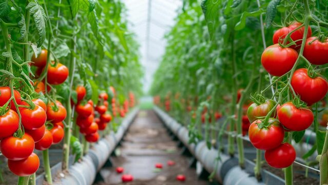 Ripe tomato plant growing in greenhouse. Fresh bunch of red natural tomatoes on a branch in organic vegetable vertical farm garden. Blurry background. Generative AI. High quality 4k footage