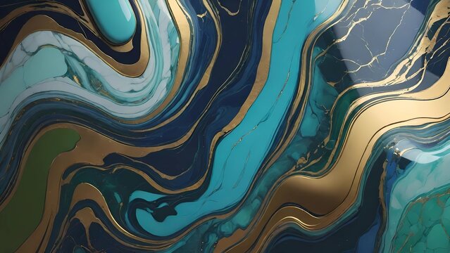 Arte fluida con onde di marmo di colori turchese, oro e bianco che si mescolano creando un effetto marmoreo
