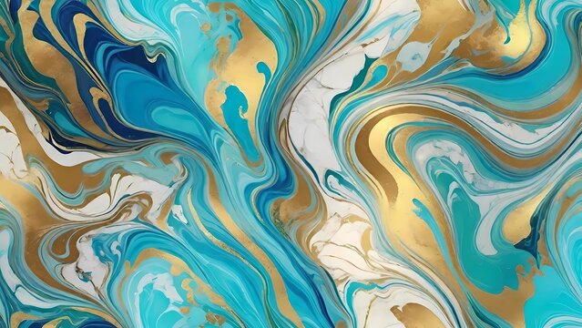 Arte fluida con onde di marmo di colori turchese, oro e bianco che si mescolano creando un effetto marmoreo