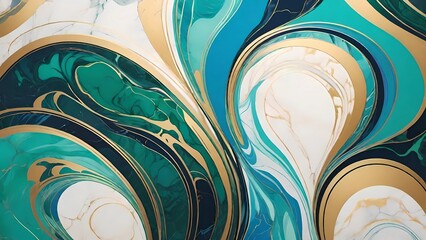 Arte fluida com ondas de mármore nas cores turquesa, ouro e branco que se misturam criando um efeito marmoreado - obrazy, fototapety, plakaty