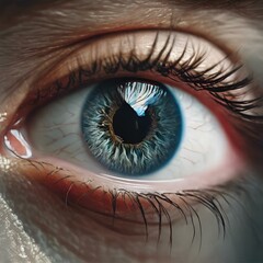 AI generated illustration of a blue eye with a single set of eyelashes cast across its surface