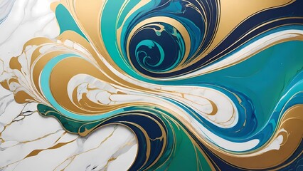 Arte fluida com ondas de mármore nas cores turquesa, ouro e branco que se misturam criando um efeito marmoreado - obrazy, fototapety, plakaty