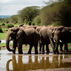 AI generated illustration of a large herd of African elephants walking through a shallow pond