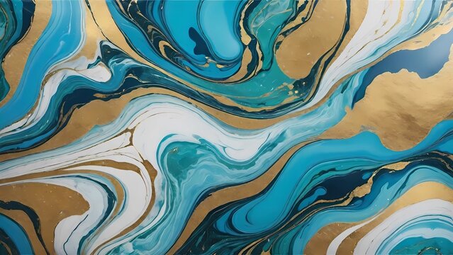 Arte fluida com ondas de m&aacute;rmore nas cores turquesa, ouro e branco que se misturam criando um efeito marmoreado