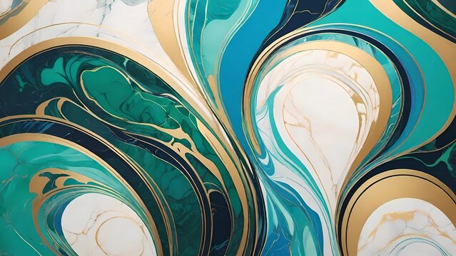 Arte fluida com ondas de m&aacute;rmore nas cores turquesa, ouro e branco que se misturam criando um efeito marmoreado