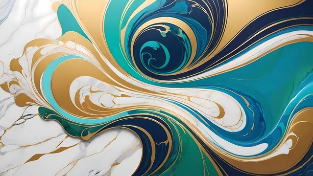 Arte fluida com ondas de m&aacute;rmore nas cores turquesa, ouro e branco que se misturam criando um efeito marmoreado