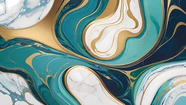 Arte fluida com ondas de m&aacute;rmore nas cores turquesa, ouro e branco que se misturam criando um efeito marmoreado