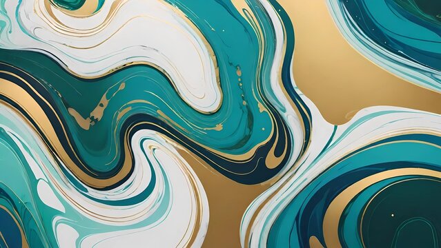 Arte fluida com ondas de m&aacute;rmore nas cores turquesa, ouro e branco que se misturam criando um efeito marmoreado