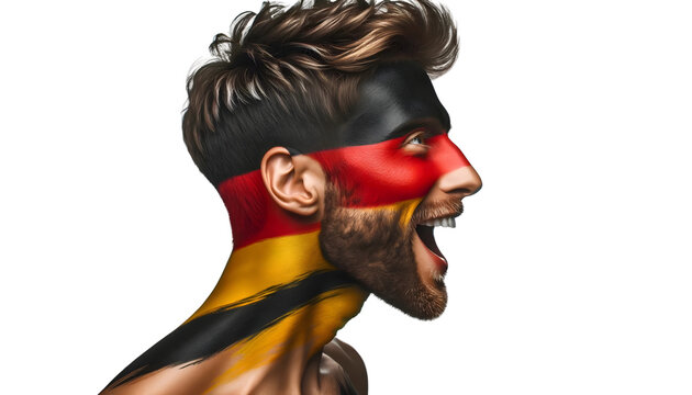 man soccer fun profile portrait with painted face of german national flag isolated on transparent background
