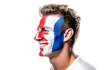 man soccer fun profile portrait with painted face of french national flag isolated on transparent background