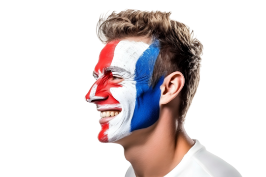 man soccer fun profile portrait with painted face of french national flag isolated on transparent background