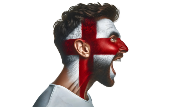 man soccer fun profile portrait with painted face of english national flag isolated on transparent background