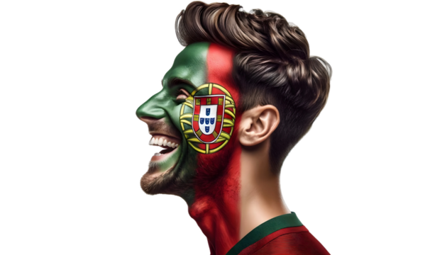 man soccer fun profile portrait with painted face of portugal national flag isolated on transparent background