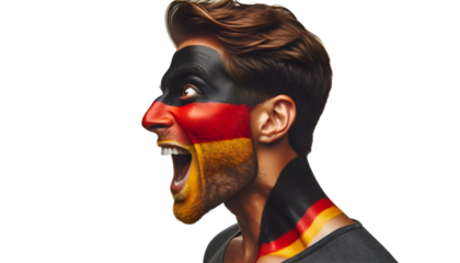 man soccer fun profile portrait with painted face of german national flag isolated on transparent background