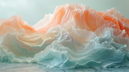 A serene and entrancing abstract landscape is evoked by cascading ribbons of glistening pearl white, soft coral, and ethereal blue that merge elegantly on a spotless marble surface.  