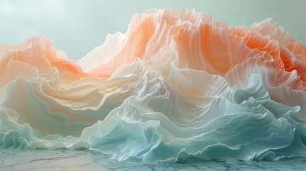 Selbstklebende Fototapete Dunkelgrau A serene and entrancing abstract landscape is evoked by cascading ribbons of glistening pearl white, soft coral, and ethereal blue that merge elegantly on a spotless marble surface.  