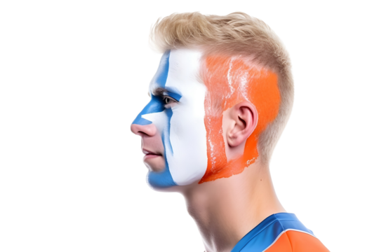 man soccer fun profile portrait with painted face of dutch national flag isolated on transparent background