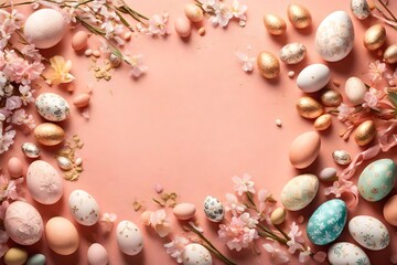 Overhead shot of a soft peachy-pink background featuring detailed Easter embellishments and an assortment of eggs, capturing a bird's eye view for your celebratory message