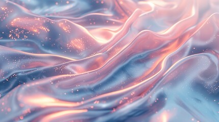 An beautiful and dreamlike abstract tableau is created by delicate tendrils of blush pink, celestial blue, and iridescent silver gently cascading on a sleek marble surface. 
