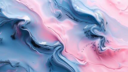 Delicate tendrils of blush pink, celestial blue, and iridescent silver gracefully cascading across a sleek marble surface, forming an elegant and dreamy abstract tableau.  - obrazy, fototapety, plakaty