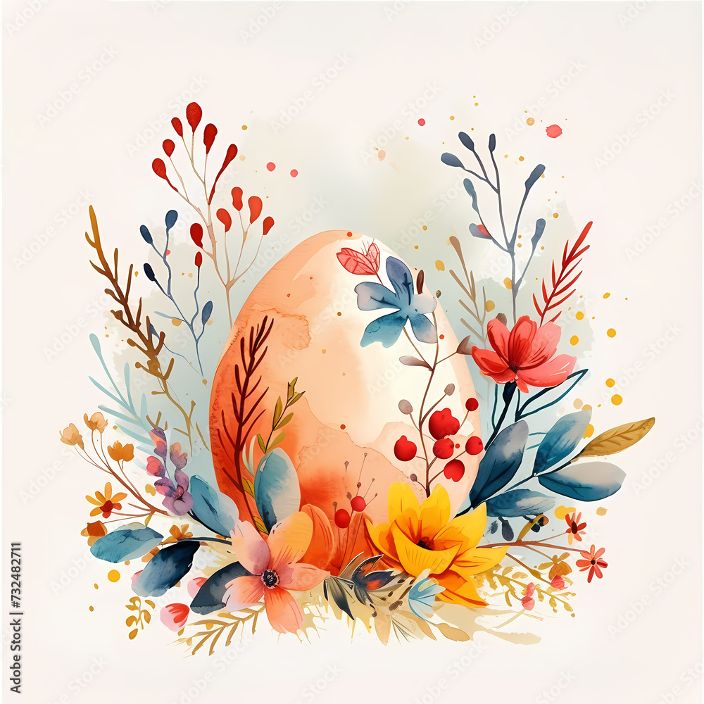 Wall mural easter watercolor illustration with cute, colorful easter eggs and flowers, white background, good f