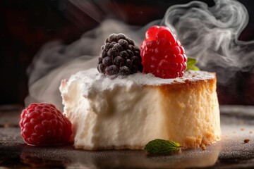 AI generated illustration of a close-up of a freshly-baked dessert with juicy berries and steam