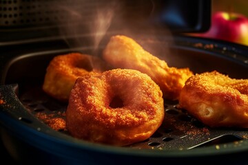 AI generated illustration of freshly-baked donuts on a baking tray in an oven, ready to be enjoyed