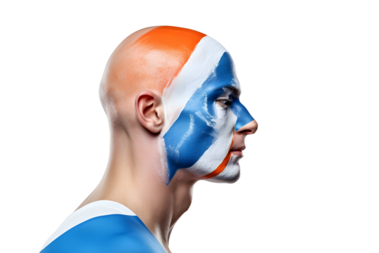 man soccer fun profile portrait with painted face of dutch national flag isolated on transparent background