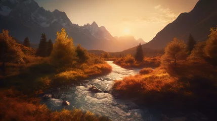 Fotobehang AI generated illustration of a tranquil river flowing through a mountainous landscape in autumn © Wirestock