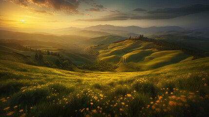 Fototapeta na wymiar AI generated illustration of a sunset on a grassy hilltop