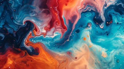 Bright and vivacious abstract show created by dynamic bursts of cosmic indigo, dazzling teal, and radiant scarlet crashing in a spirited dance over a sleek marble surface. 
 - obrazy, fototapety, plakaty