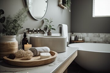 Fototapeta na wymiar AI generated illustration of a bathroom interior with a sink, a wall-mounted mirror, and a bathtub