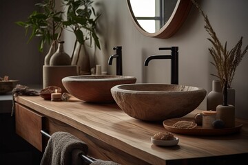 Obraz na płótnie Canvas AI generated illustration of a round, wooden wash basin beside a reflective mirror atop a countertop
