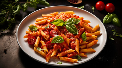 A dish of penne pasta with tomato sauce and basil. The camera angle is from above, capturing the vibrant color of the sauce. highlighting the freshness of the basil. 
