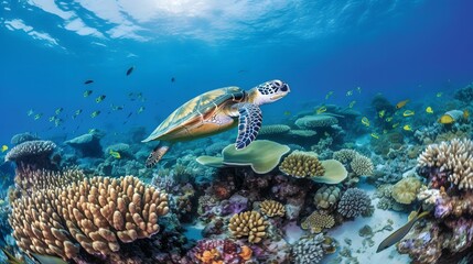 AI generated illustration of a hawksbill sea turtle gracefully swimming near a vibrant coral reef