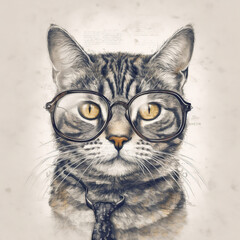 AI generated illustration of a cat wearing a pair of glasses and a blue tie around its neck