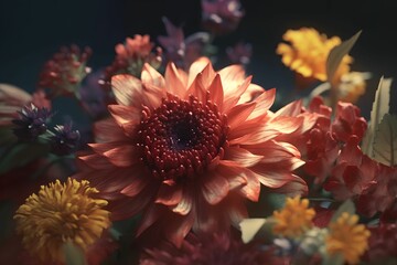 AI generated illustration of a colorful assortment of flower blooms, arranged without stems