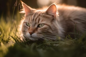 Naklejka na ściany i meble AI generated illustration of a white tabby cat laying in a field of grass at sunset