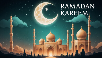 Ramadan celebration poster with text Ramadan Kareem. Grand mosque with multiple domes and minarets, with full moon and crescent moon Islamic symbols.