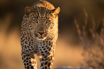 Fototapeta premium AI generated illustration of a majestic leopard walking across a sun-drenched sandy terrain