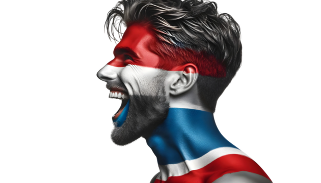man soccer fun profile portrait with painted face of dutch national flag isolated on transparent background
