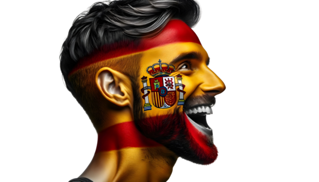 man soccer fun profile portrait with painted face of spanish national flag isolated on transparent background