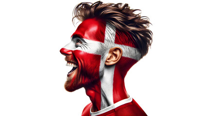 man soccer fun profile portrait with painted face of danish national flag isolated on transparent background