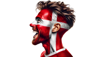man soccer fun profile portrait with painted face of danish national flag isolated on transparent background