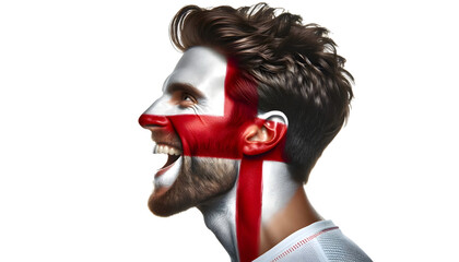 man soccer fun profile portrait with painted face of english national flag isolated on transparent background