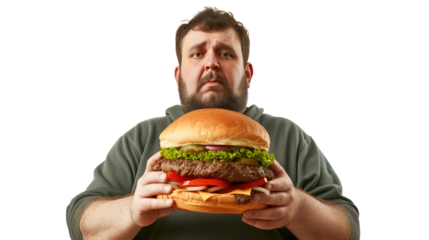 Plus size, portrait of man holding burger and unhealthy diet, isolated hungry person on transparent background. Junk food, weight loss and healthcare problem, cholesterol or fat food addiction 