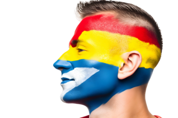 man soccer fun profile portrait with painted face of national flag isolated on transparent background