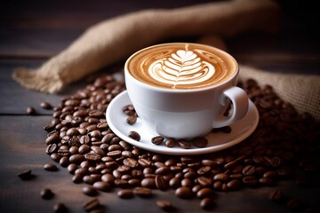 AI generated illustration of a cup of coffee latte on  a wooden table with coffee beans