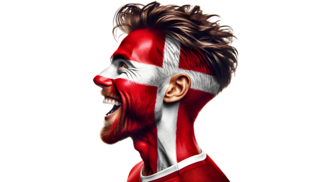 man soccer fun profile portrait with painted face of danish national flag isolated on transparent background - Powered by Adobe
